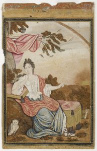 Une femme européenne assise sous une branche, avec un hibou - Muhammad Sadiq